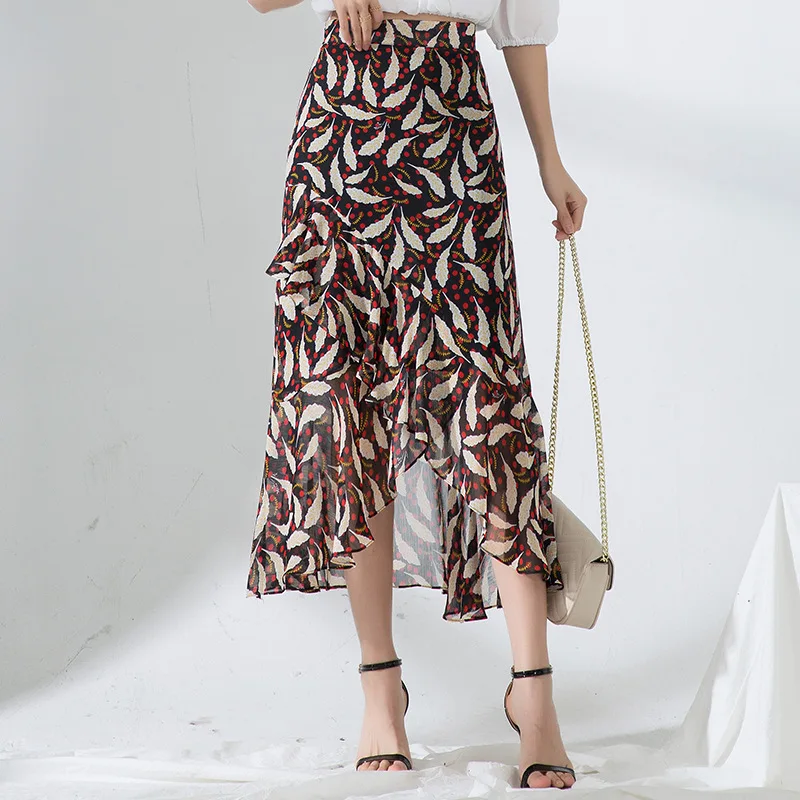 

Women Irregular High Waist Slim Fit Casual Chiffon Skirts Female Streetwear Office Lady Fashion Skirt Beach Flowers Skirt