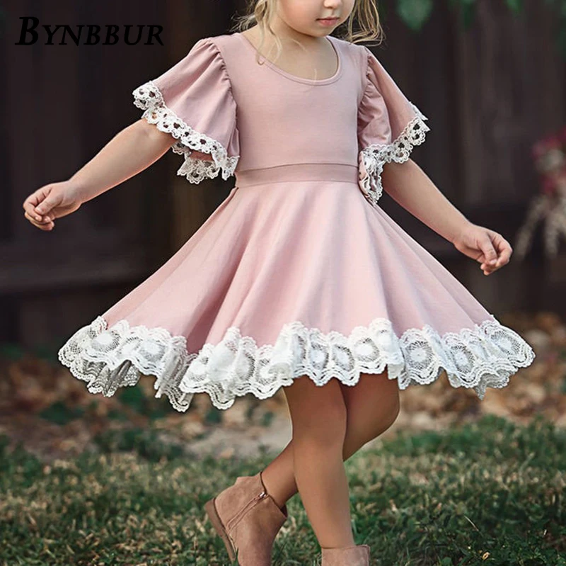 Bynbbur Lace Patchwork Solid Cotton Dress Girls Kid Lace Floral Attached Party Dress Cute Baby Princess Dress 2019 Summer New
