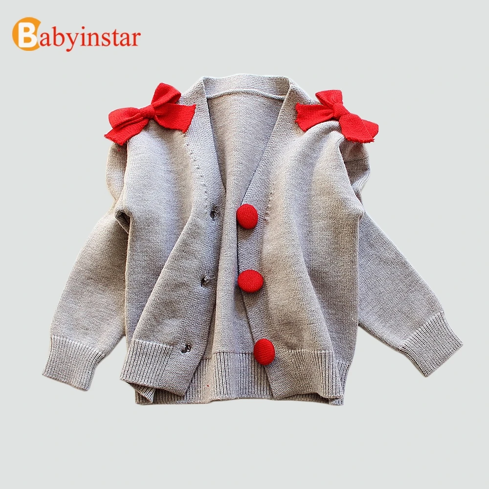 

Babyinstar Toddler Girl Knitted Outerwear Children Clothes Sweater Cardigan For Girls Button Design With Bow Girls Warm Cardigan