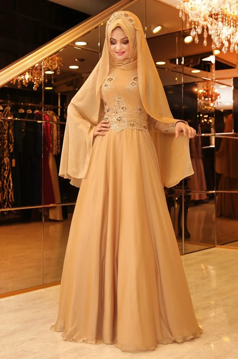 2017 Muslim Evening Dresses High Neck Appliques Beaded Arabic Caftan Abaya Long Sleeves Muslim font b