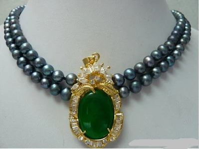 

Free shipping 001095 2 Rows Real Black Pearl stone stone 18KGP Crystal Pendant Necklace