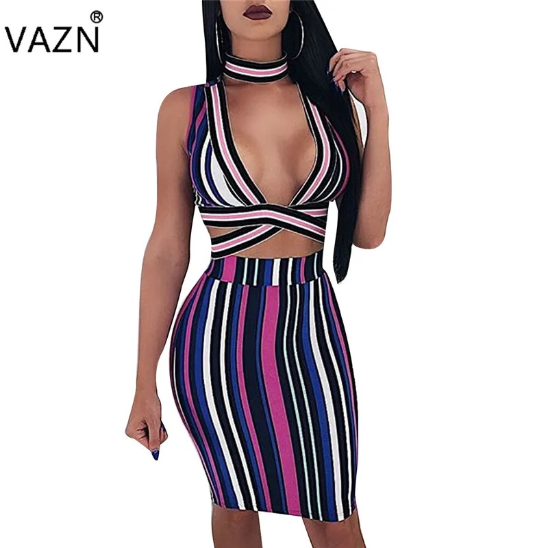 Vazn 2018 Fashion Bandage Striped 2 Piece Women Sexy Short Dress Halter 