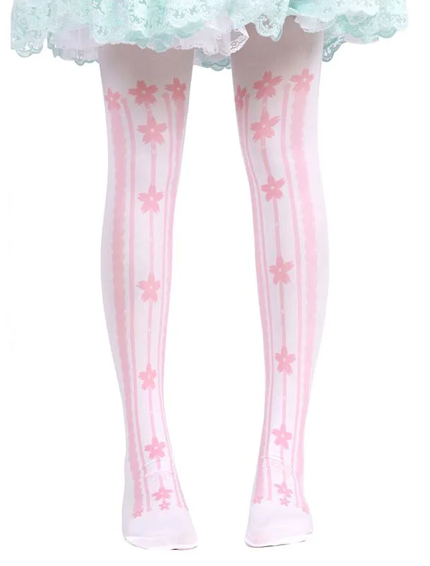 

Cute pink Lolita Sakura print thigh-high 100D Velvet fashion japanese Sweet lolita stockings Tights
