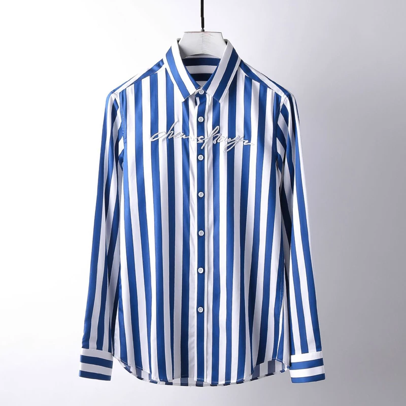 Модная хлопковая шелковая рубашка с вышитыми буквами, мужская приталенная рубашка в полоску с длинным рукавом, Повседневная рубашка - Цвет: Синий