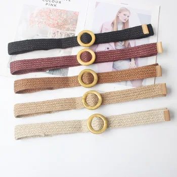 

Wax Rope Braiding Women Belt Round Buckle Skirt Belt Woman's Vintage Knitted Waist Belt Female Elastic Bohemia Belt Black