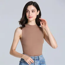 Новинка осени бесшовные резьба легкообрабатываемая резанием половина водолазка без рукавов Женские однотонные Большие размеры Женский на бретелях тонкий