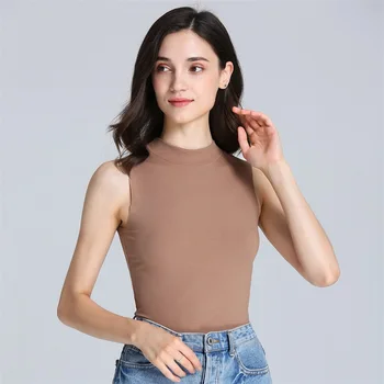 

Autumn new seamless thread free cutting half turtleneck vest women solid large size basic female tank top slim