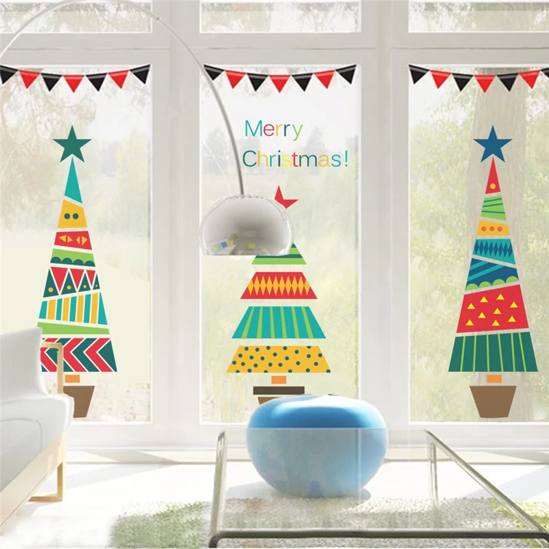 Merry Christmas Tree Star Wall Stickers Home Decals Living Room Decorations DIY PVC Festival Window