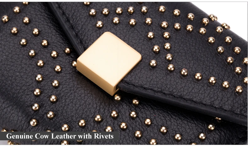 Lomelobo Ladies Rivets Small Wallet Genuine Cow Leather Women Three-Fold Short Personality Wallet Girls Credit Card Holder Purse HPL2627-1 Details (08)