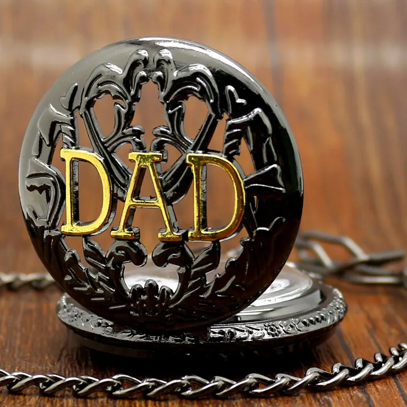 Retro Black Hollow Quartz Pocket Watches Fashion Gold DAD Theme Father's Day Gifts Mens Clock Thick Chain 2018 New Arrival (3)