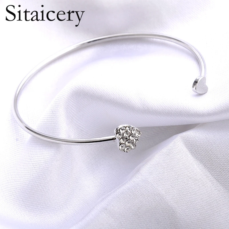 

Sitaicery 2019 New Adjustable Crystal Double Heart Bow Cuff Opening Bracelet For Women Charm Jewelry Gift Mujer Girls Bracelet