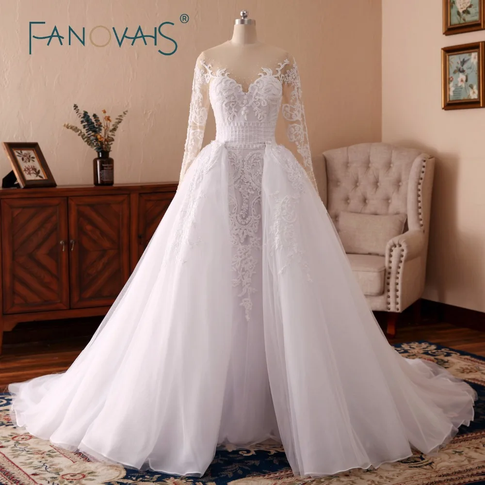 Роскошные свадебные платья с длинными рукавами со съемным шлейфом Vestido de Novia 2019