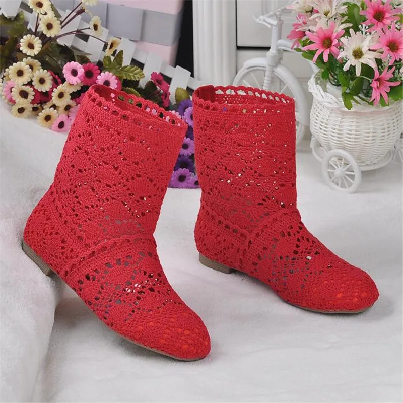 2023 spring and autumn knitted hollow boots flat bottom mesh high / low tube breathable fashion lace boots women's shoes