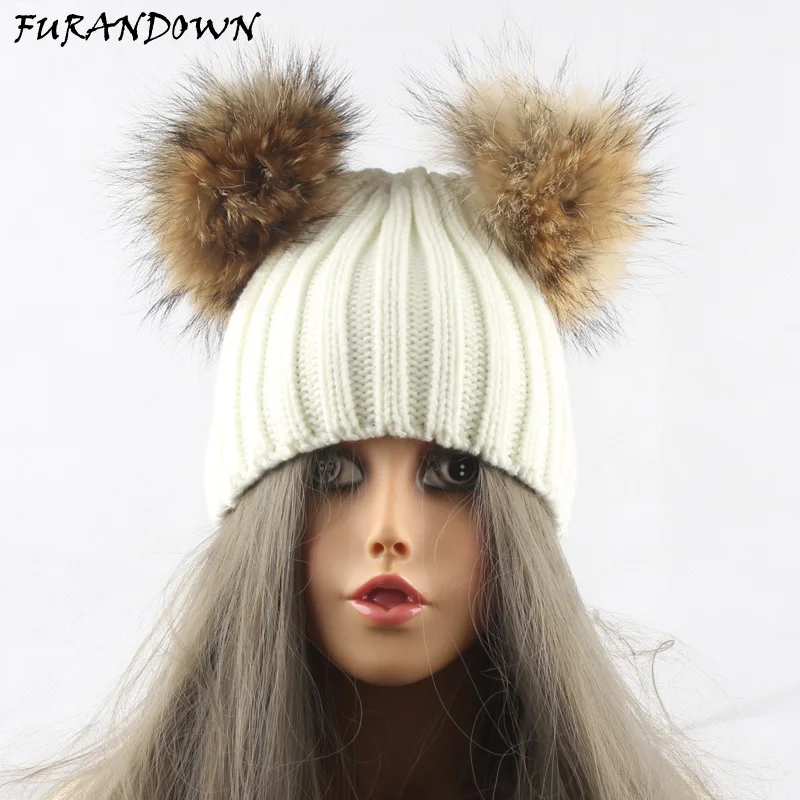 Два меховых помпона зимние шапочки для женщин вязаные Кепки из хлопка из натуральной норки енота меховая шапка для девочек Женская шапка