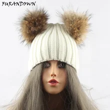 Два меховых помпона зимние шапочки для женщин вязаные Кепки из хлопка из натуральной норки енота меховая шапка для девочек Женская шапка