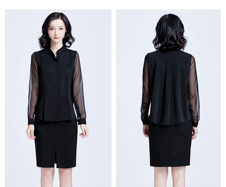 Spring Autumn OL Loose Stand Collar Chiffon Transparent Long Sleeve Simple Womens Blouses Tops Shirt Black S/M/L/XL/XXL