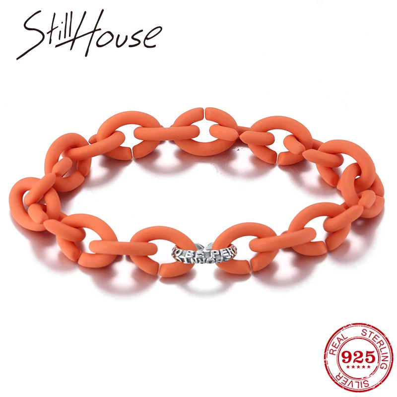 

Hip hop style 925 Sterling Silver Inspirational quotes Charm Beads Orange Hard Rubber Handmade Bracelet for women Men Jewelry