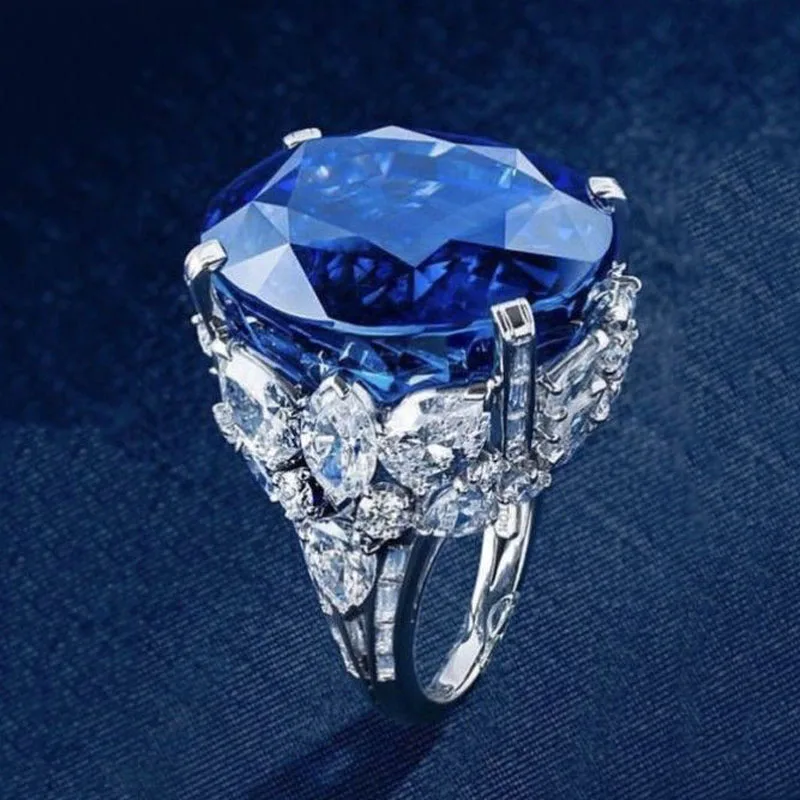 

Personality Blue Round Crystal Princess Rings Exquisite Inlaid AAA Cubic Zirconia Rings for Women Banquet Party Jewelry Anillos