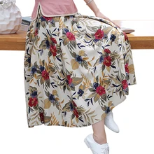 Новинка года; хлопковая льняная плиссированная юбка с высокой талией и цветочным принтом; Женская юбка до щиколотки; юбка в китайском стиле; сезон весна-осень
