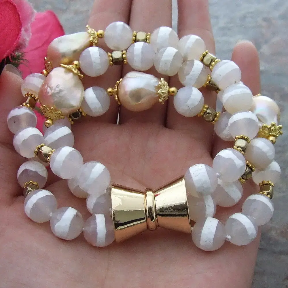 

FC113015 8" 3 Strands Pink Keshi Pearl Stone Bracelet