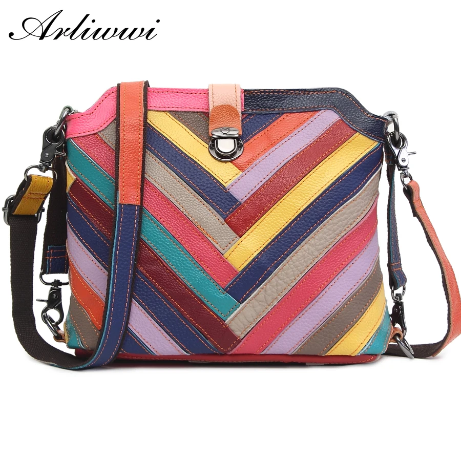 Arliwwi Brand Elegant GENUINE LEATHER Women Colorful Messenger Bags