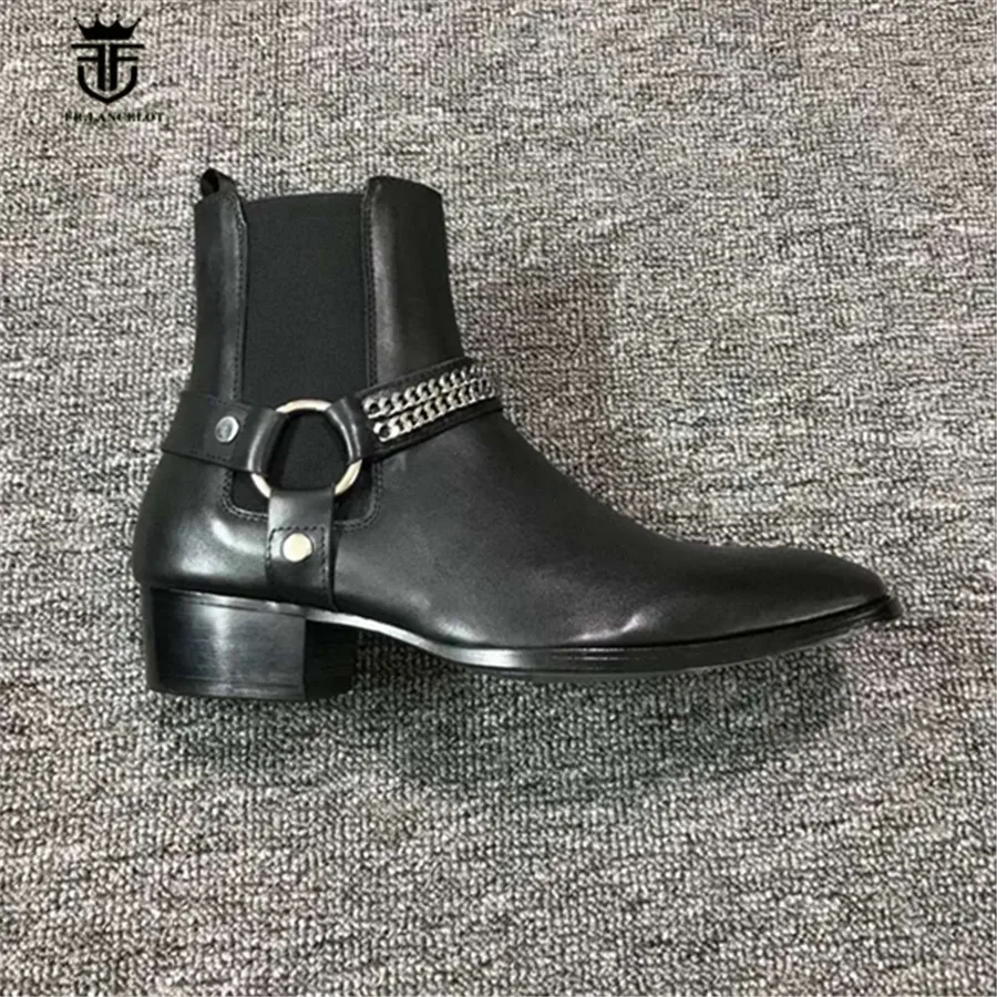 2018 Real Picture Customize Handmade Genuine Leather Buckle Strap With Chain Wedge Chelsea Men Boots Designer Luxury wyatt Boots real picture luxury handmade classical wyatt homme harness high top chelsea men boots wedge real cow leather suede boots