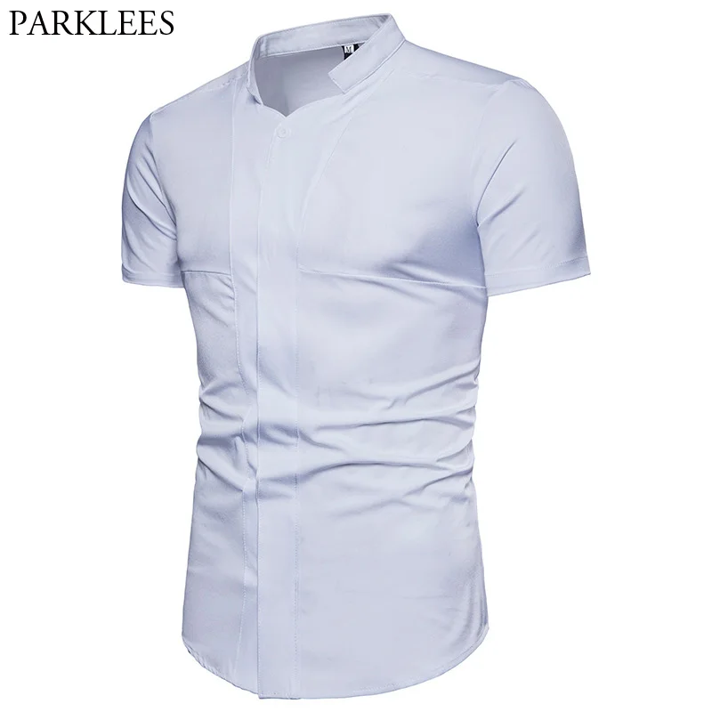 

Fashion Covered Button Dress Shirt Men 2018 Brand New Short Sleeve Stand Collar Social Shirt Mens Slim Fit Summer Chemise Homme