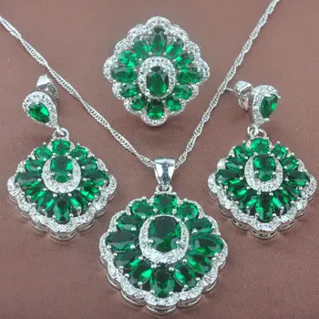 

Gorgeous Green Stone Women's Stamped Silver Color Jewelry Sets Necklace Pendant Earrings Rings Free Shipping TZ057