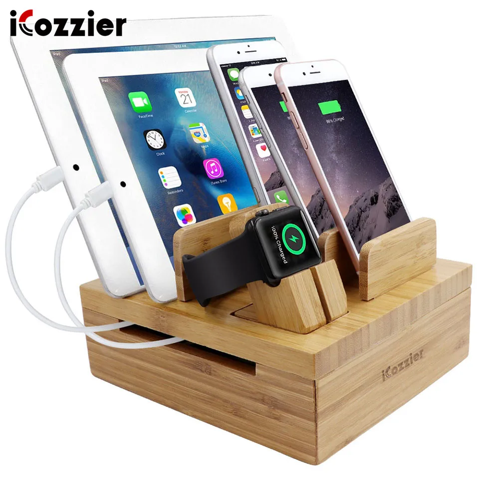 

Bambus 5 Steckplatzen Tablet- and Handyhalter Desktopspeicher for iPad/i Watch-Stander/ Ladestation for mehrere Gerate