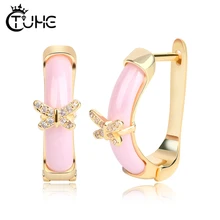 Уникальные золотые серьги-гвоздики с бабочкой, женские модные ювелирные изделия, 585 Золото, микро воск, инкрустация натуральным цирконием, женские керамические серьги розового цвета