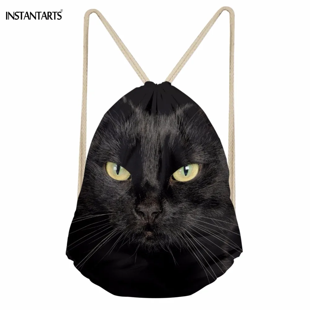 INSTANTARTS забавные 3D с принтом черного кота Для женщин Для мужчин завязки сумки мода для девочек-подростков Мягкий хранения рюкзаки пляжные