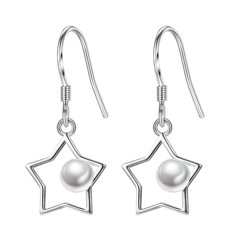 

100% 925 sterling silver fashion imitation pearl star ladies`drop earrings jewelry female wedding gift wholesale drop shipping