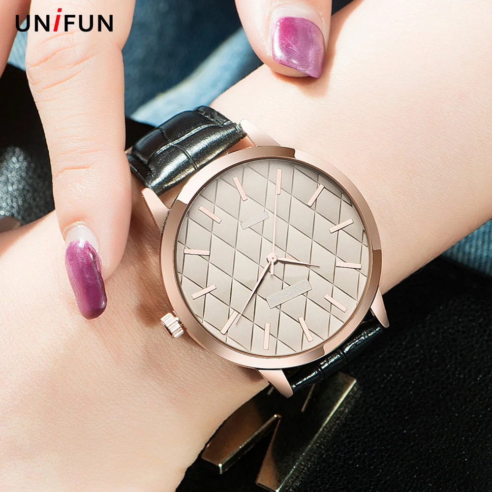 UNIFUN New Women Analog Dress Leather Strap Reloj Feminino Relogio Quartz Dress Simple Style Ladies Gift