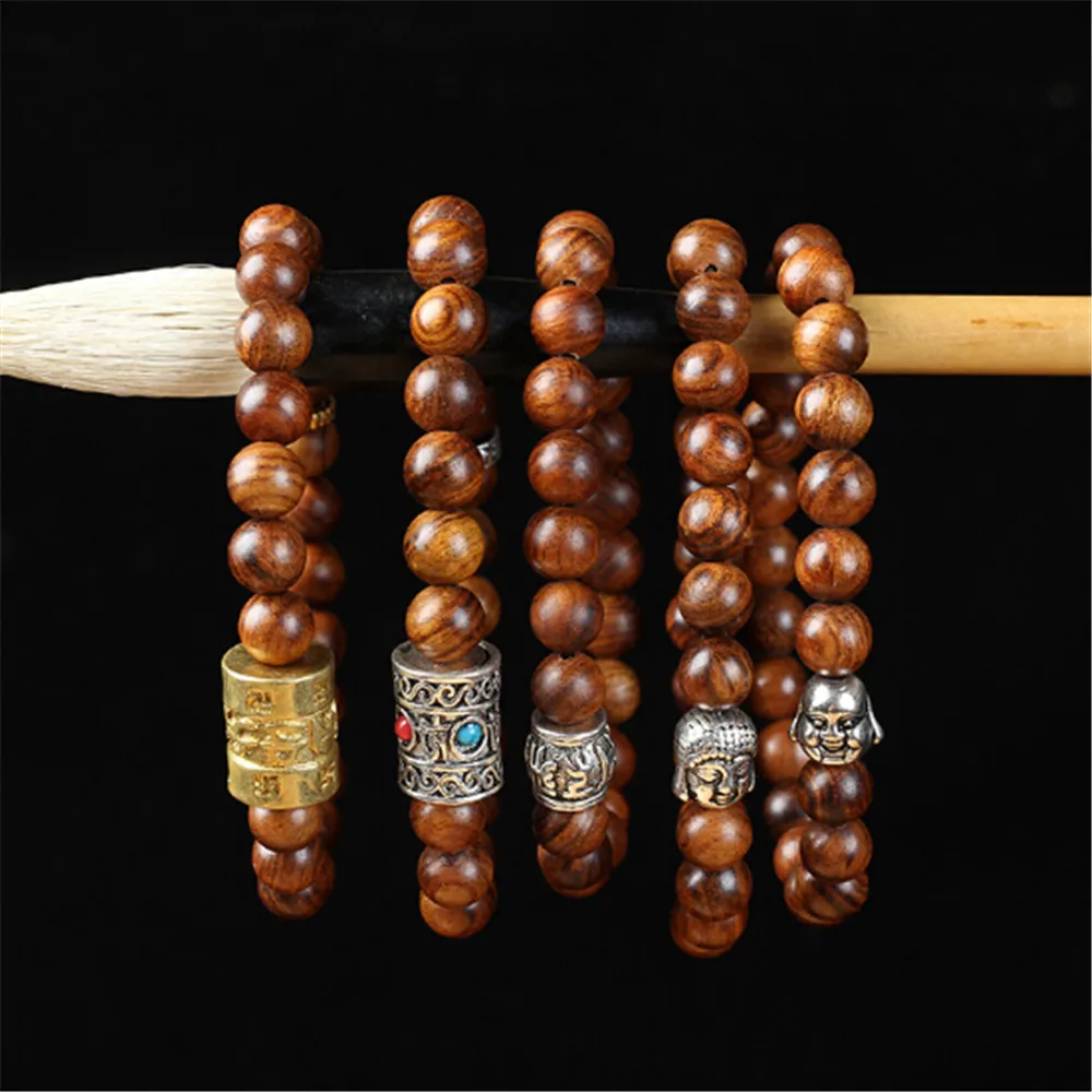 

Wholesale Hainan 8mm Real Scented Rosewood Bracelet 5 Style Wood Beads Tibetan Silver Buddha Charm Bracelet Handmade Party Gift