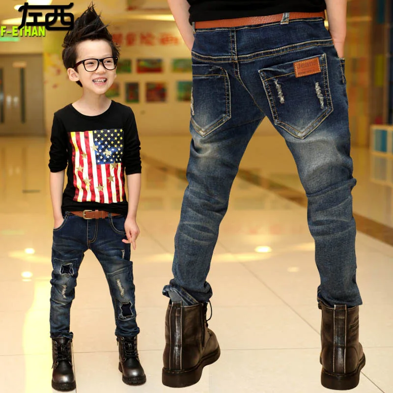 2015 autumn new in male child make old patchwork jeans pants child Korean Style long denim