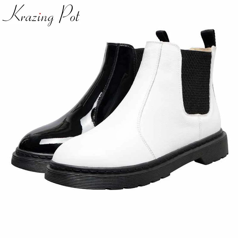 

krazing pot popular genuine leather mix color leisure med heel Winter round toe punk runway handmade streetwear ankle boots l96