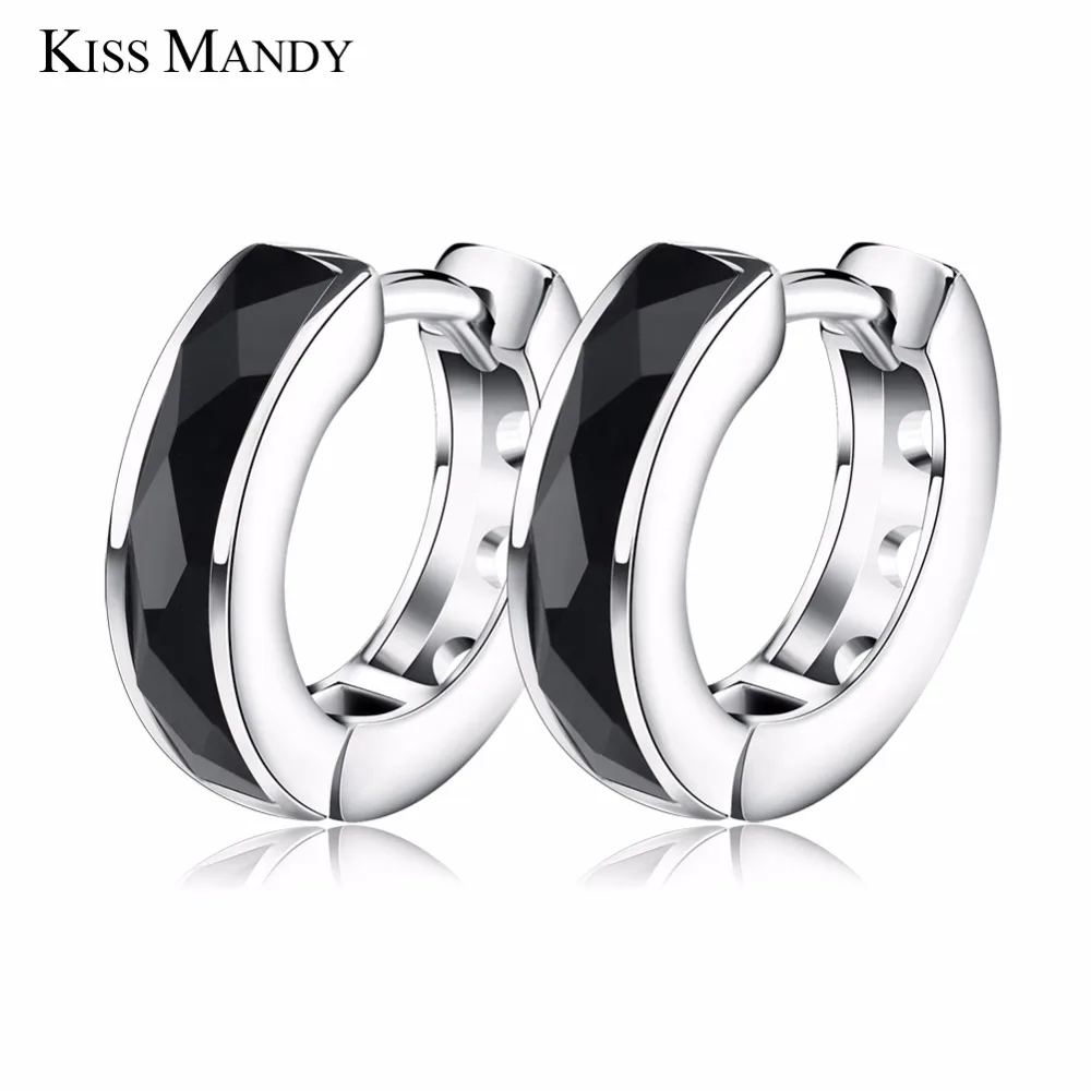 

KISS MANDY Small Circle Hoop Earrings Black Natural Stone Silver Color Bezel Setting Fashion Women Earrings Female Jewelry LE83