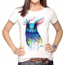 LUSLOS Colored Drawing Owl Print Women Cotton Hot Summer T Shirt Causal Super Soft O Neck Clothes Tops Short Sleeve bowknot owl print draw diamond drawing