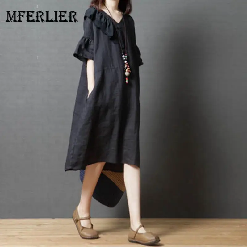 Mferlier Women Artsy Summer Dresses One Side Ruffles V Neck Short Sleeve Solid Casual Loose Female Retro Dress | Женская одежда