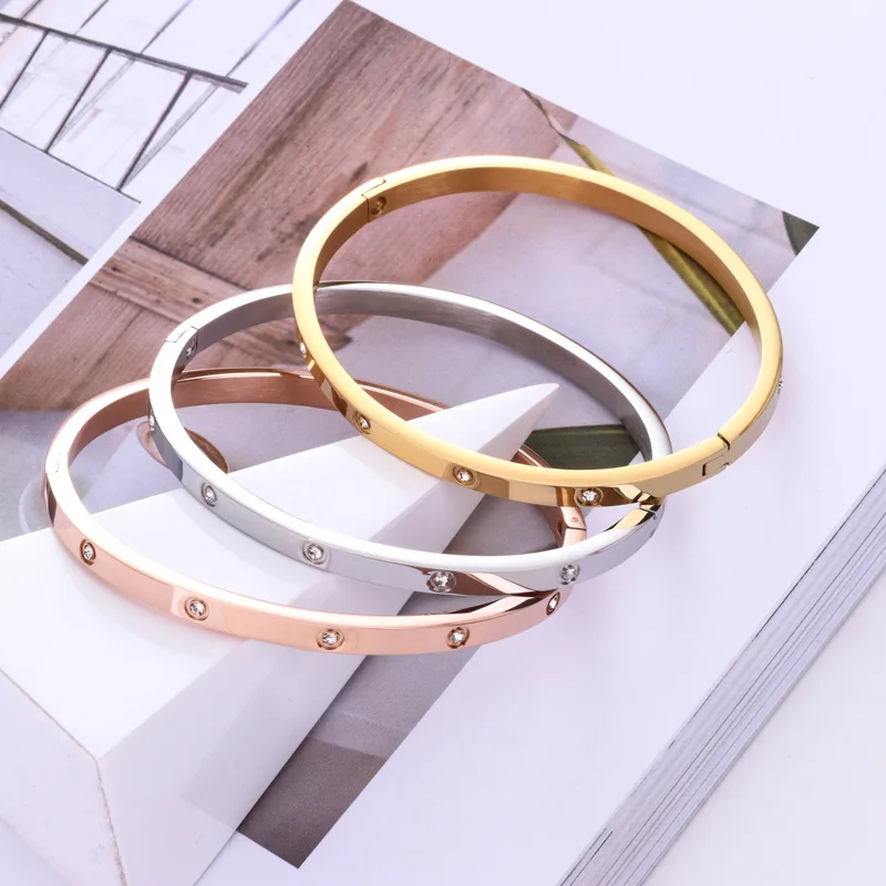 

High Quality Rose gold Color Titanium Steel 4mm Cuff Cubic Zirconia Bangle/Bracelet ,Fashion Woman Bangle ,3 colors avaiable