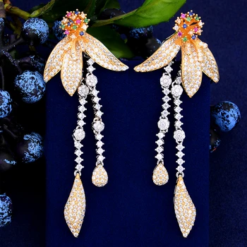 

GODKI Trendy Luxury Flower Long Tassel Dangle Earring for Women Wedding Full Micro CZ Cubic Zircon Indian Dubai Bicolor Earrings