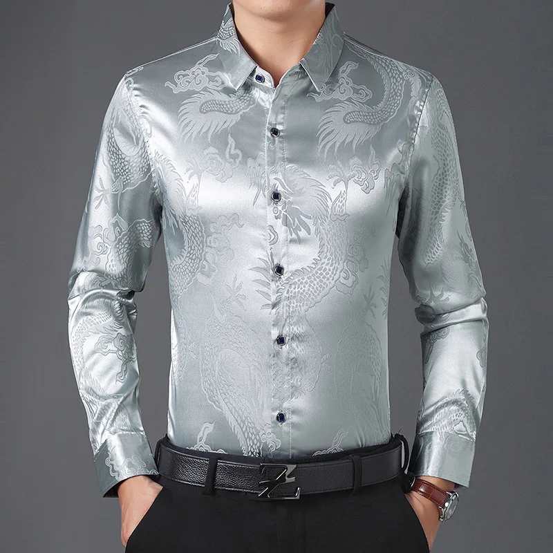 Бордовая гладкая шелковая сатиновая рубашка для мужчин китайский дракон жаккард для мужчин s приталенная рубашка с длинным рукавом на пуговицах Рубашка 4XL