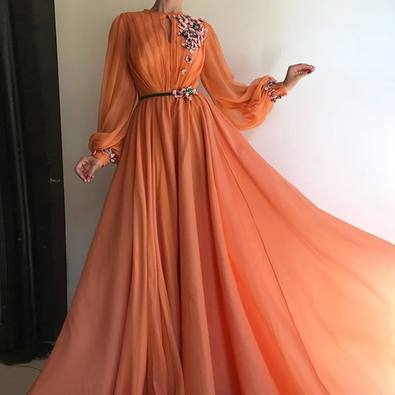 

LAIPUTER Orange Chiffon Evening Dress O-neck A-line Pleats Flowers Applique Waist Fromal Party Gown