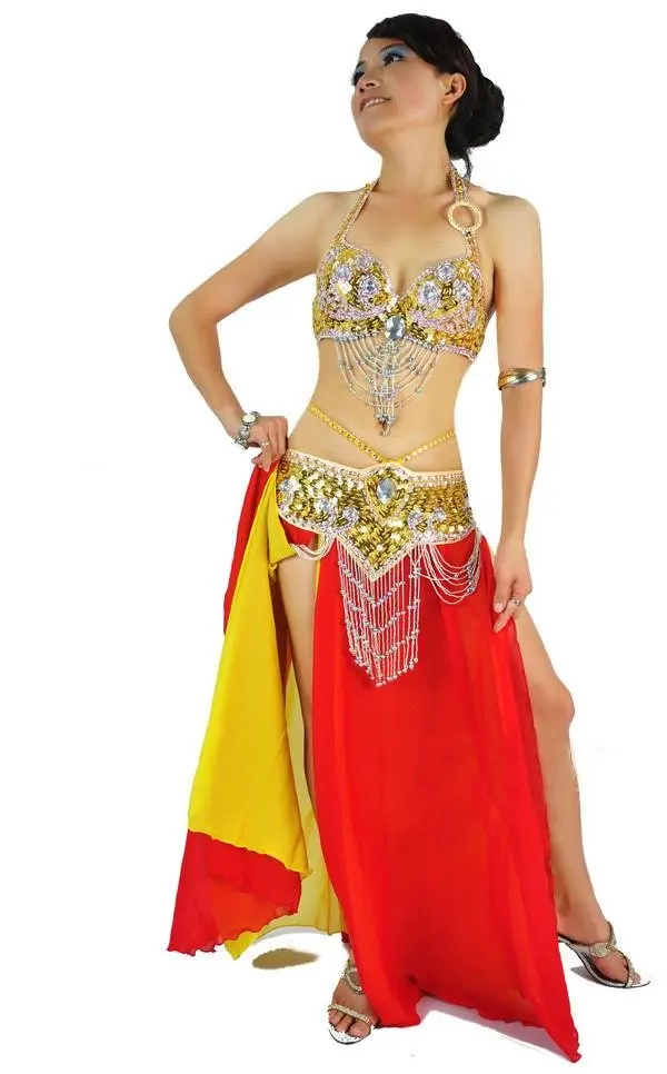 Высококачественный костюм для танца живота, комплект из 2 предметов: бюстгальтер и пояс, размер бюстгальтера: 34B/C, 36B/C, 38B/C, 40B/C, 12 цветов - Цвет: Gold