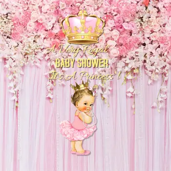 

Pink Baby Shower backdrop Royal Princess Party Decoration for Girl Gold Crown for Baby Background Birthday Flower cutrain Sm-046