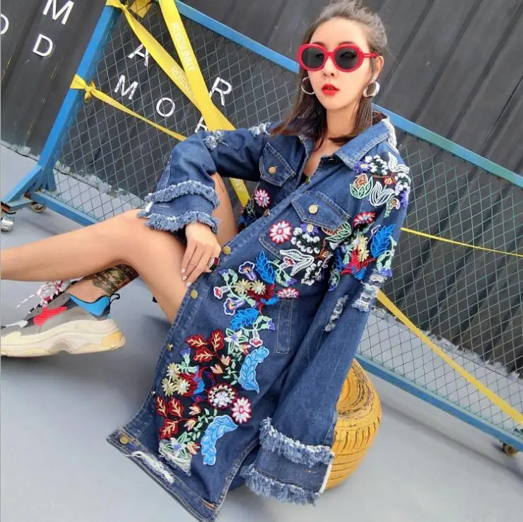 

Street Fashion Women Autumn Winter Long Denim Jacket Women's Cotton Long Sleeve Embroidery Female Loose Hole Jeans Coat Clothes