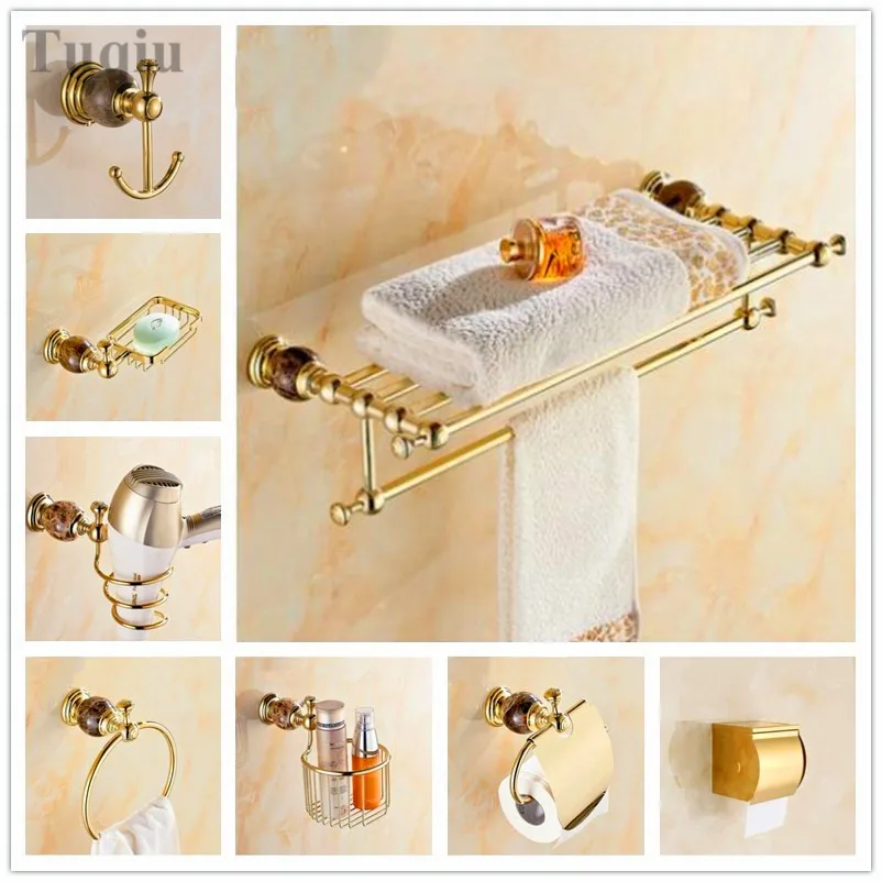 

Free shipping, the latest copper material, golden surface, coffee color jade base, bathroom hardware pendant set
