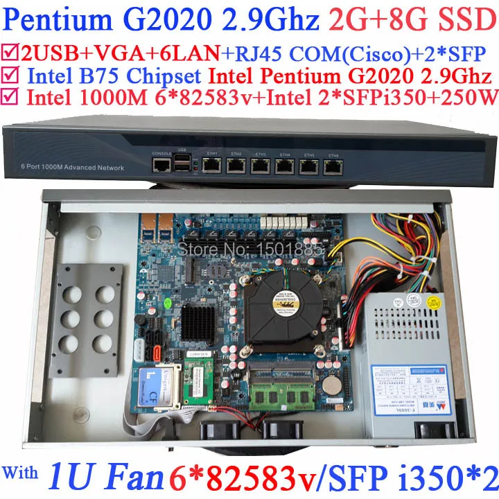 B75 Chipset Firewall Router Server with 6 Gigabit LAN 2 SFP Fiber Intel Pentium G2020 Processor