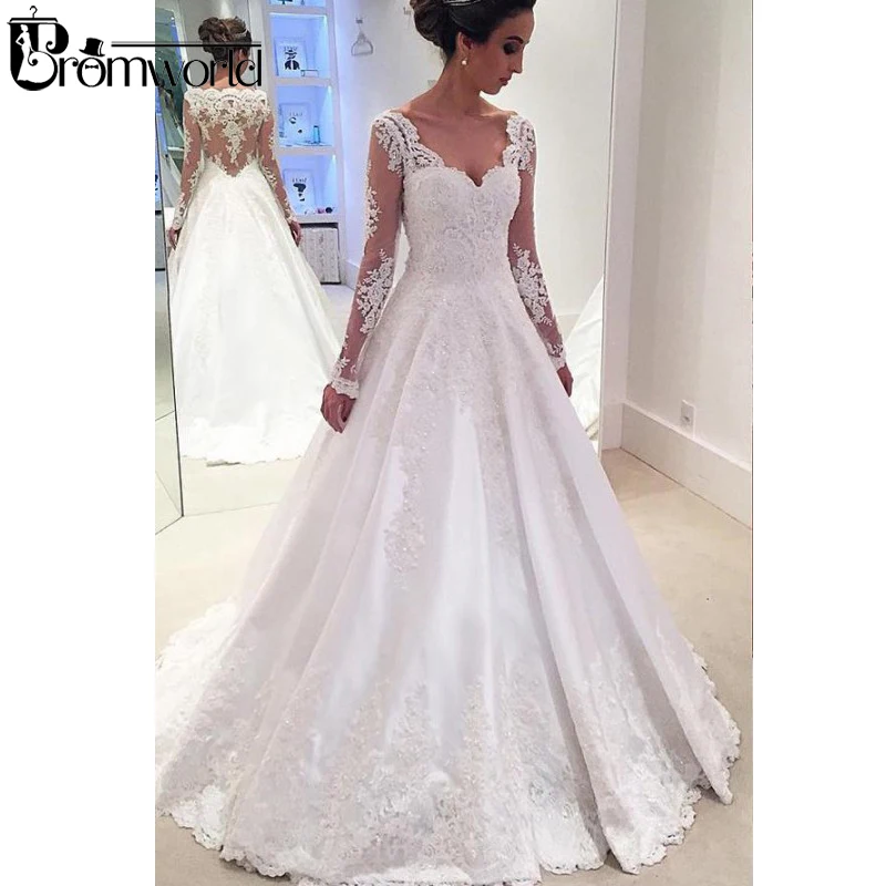 

Elegant Muslim Wedding Dress Long Sleeve vestidos de novia 2019 Lace Wedding Gown V-Neck A-line Satin Ivory Bride Dress