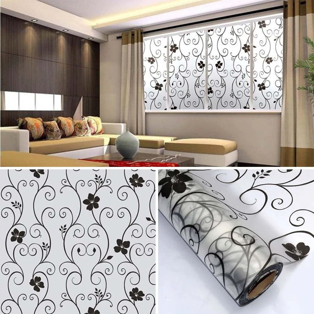 

New 45x100cm Frosted Cover Glass Window Black Floral Flower Sticker Film